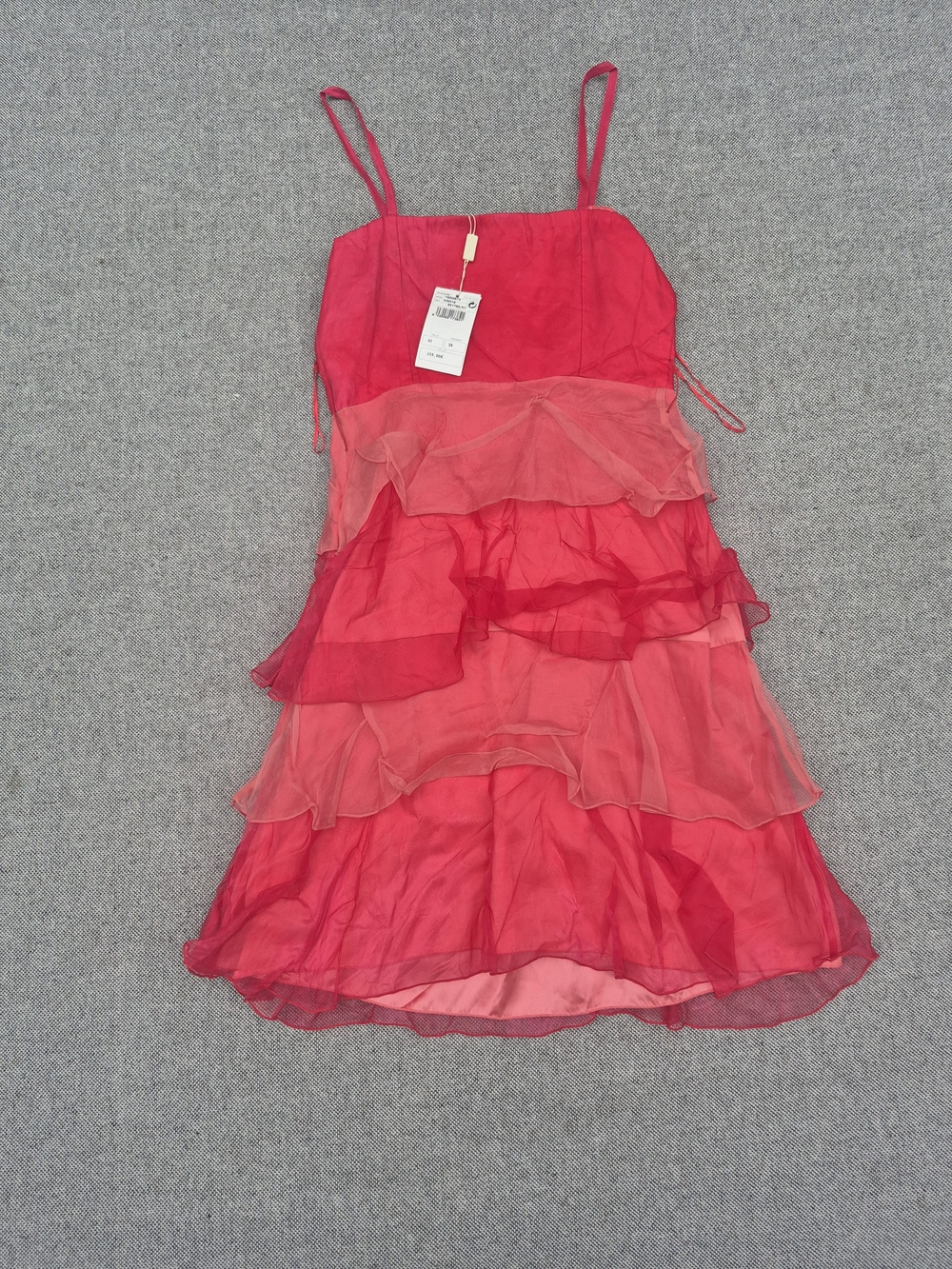 NWT Amitié 100% Silk Tiered Ruffle Mini Dress Pink Spaghetti Strap Size 42 EU - Picture 3 of 10